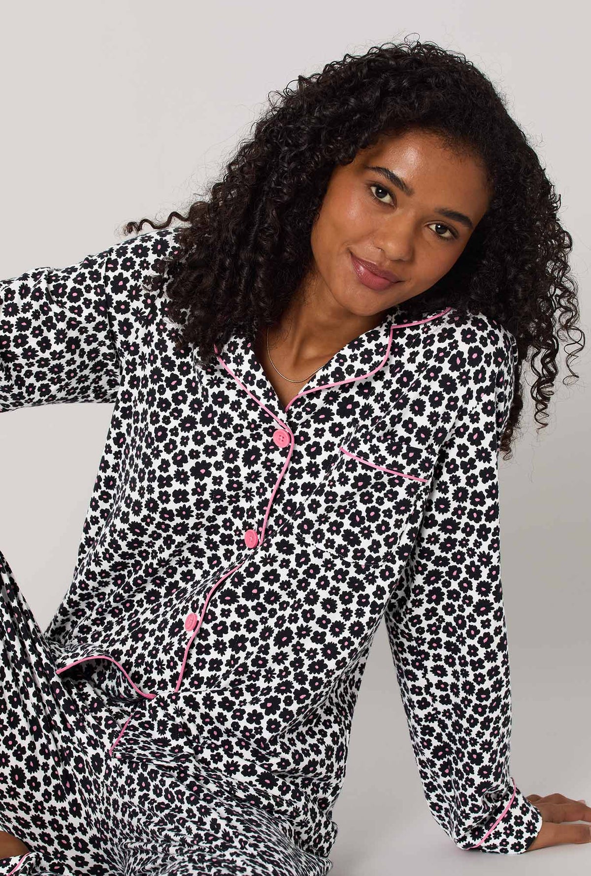 A lady wearing Viola Long Sleeve Classic Stretch Jersey Pj Set