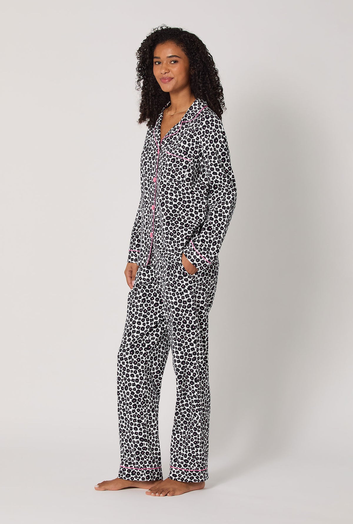 A lady wearing Viola Long Sleeve Classic Stretch Jersey Pj Set