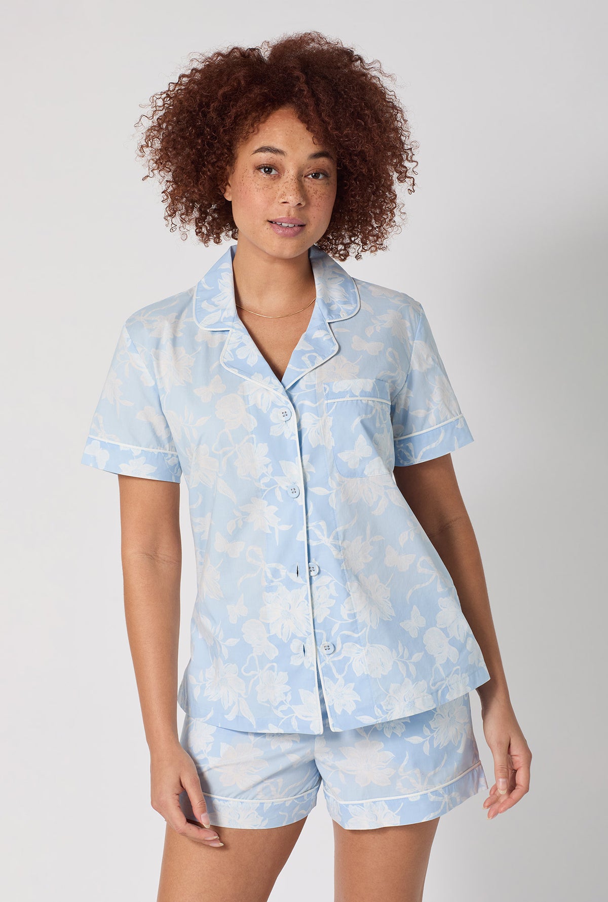 A lady wearing Blissful Bows Short Sleeve Classic Shorty Supersoft Cotton Poplin Pj Set