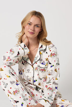 A closeup of A lady wearing White Long Sleeve Classic Stretch Jersey Pj Set