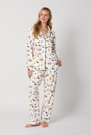 A lady wearing White Long Sleeve Classic Stretch Jersey Pj Set front view