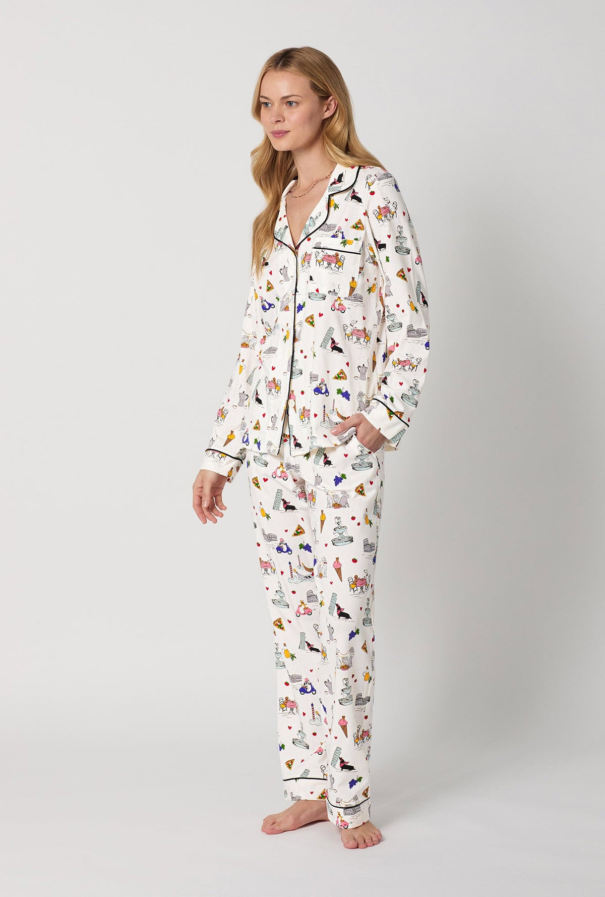 A lady wearing White Long Sleeve Classic Stretch Jersey Pj Set side view