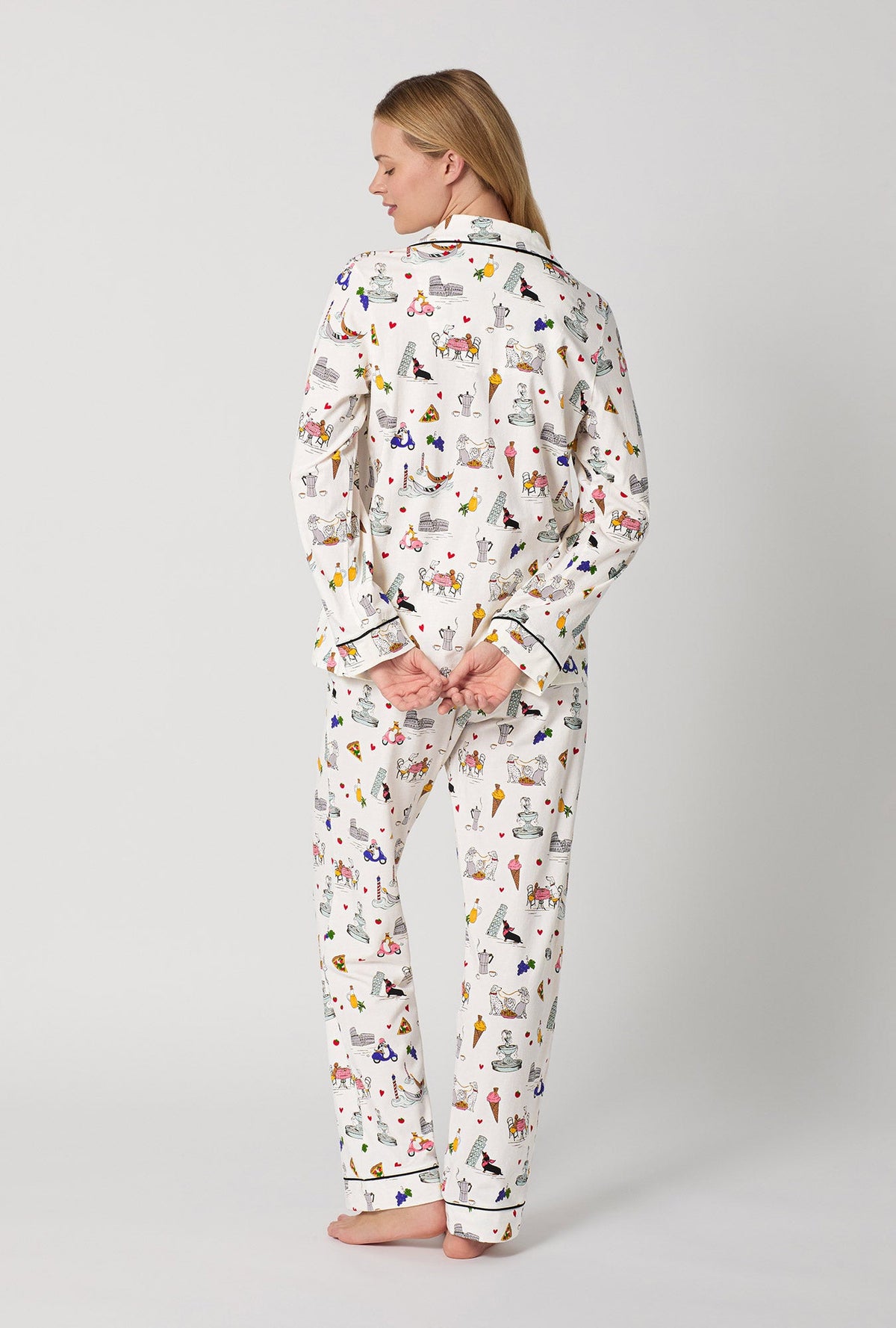 A lady wearing White Long Sleeve Classic Stretch Jersey Pj Set back view