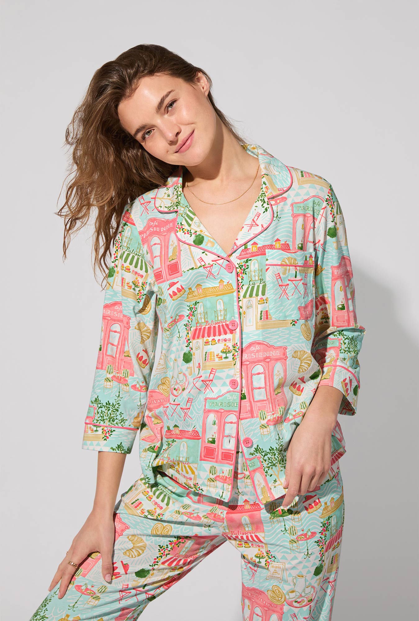 A lady wearing Parisian Delights 3/4 Sleeve Classic Stretch Jersey Cropped PJ Set