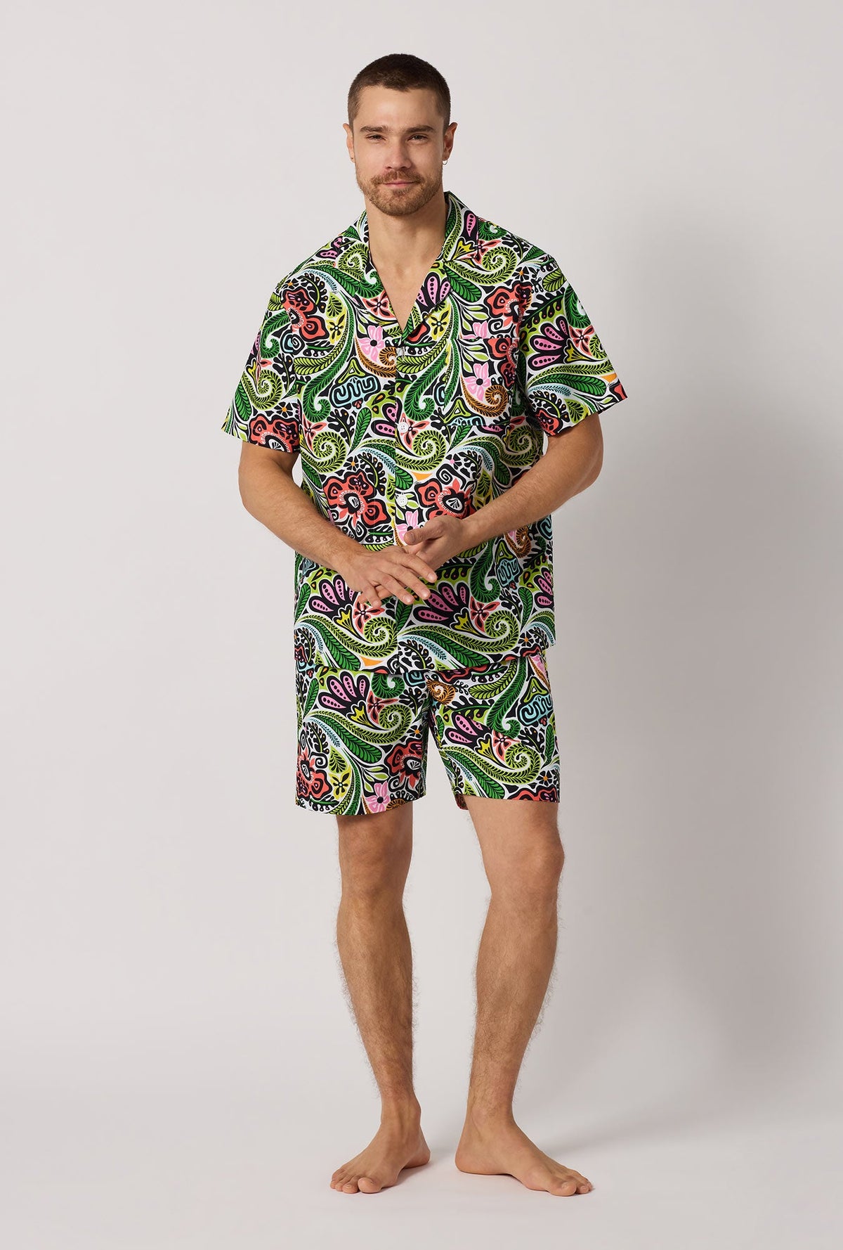 A man wearing  Multi-Color Men's Short Sleeve Woven Cotton Poplin Short Pj Pant front view
