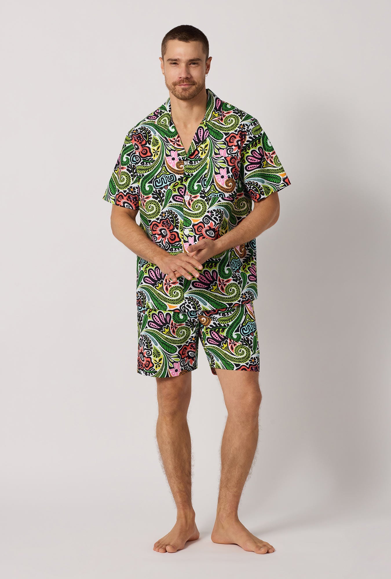 A man wearing  Multi-Color Men's Short Sleeve Woven Cotton Poplin Short Pj Pant front view