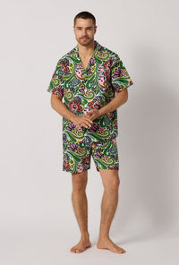 A man wearing  Multi-Color Men's Short Sleeve Woven Cotton Poplin Short Pj Pant front view