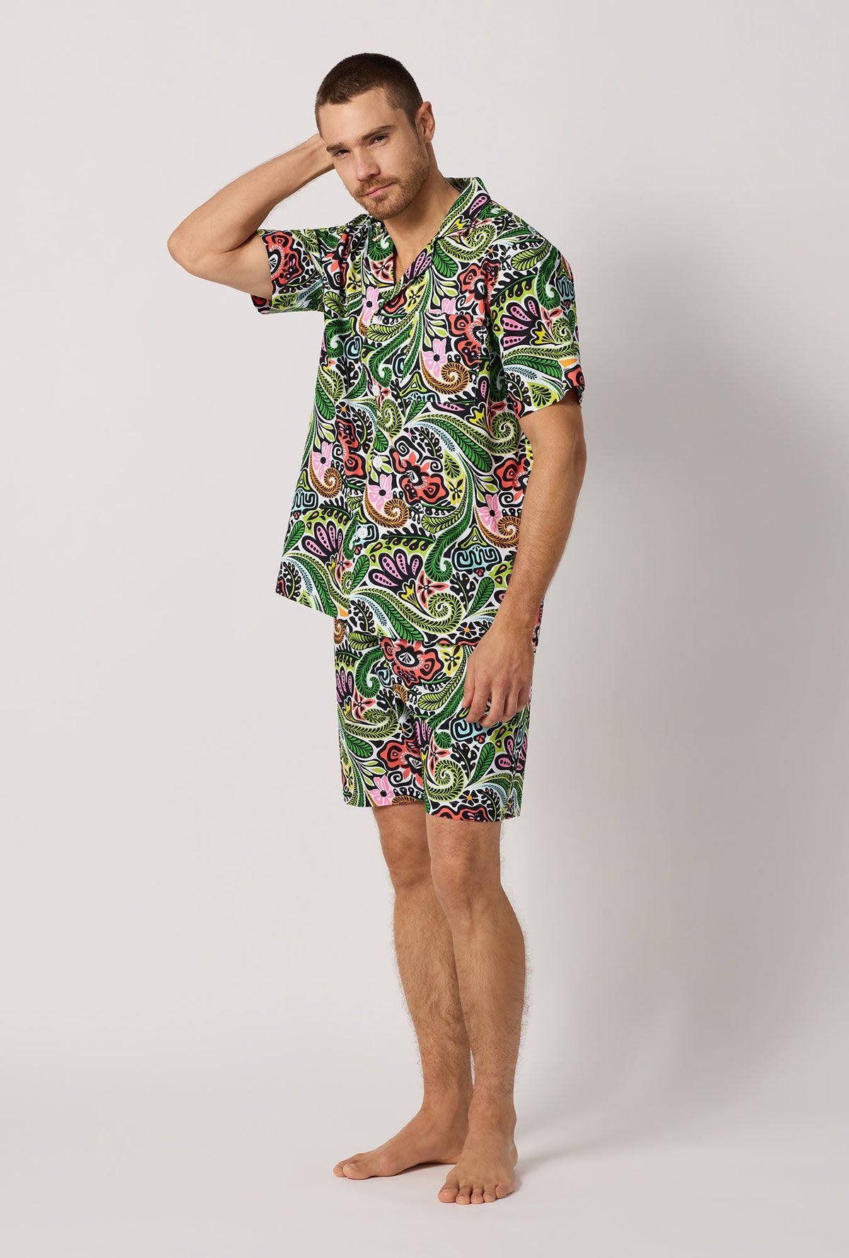 A man wearing  Multi-Color Men's Short Sleeve Woven Cotton Poplin Short Pj Pant side view