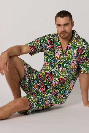 A closeup of A man wearing  Multi-Color Men's Short Sleeve Woven Cotton Poplin Short Pj Pant