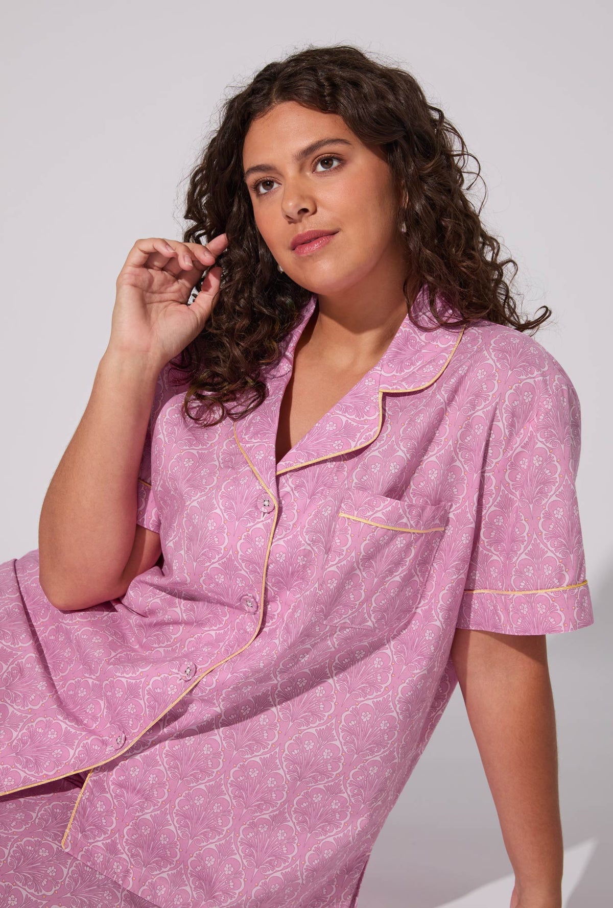 A lady wearing Colette Short Sleeve Classic Woven Cotton Poplin Cropped PJ Set