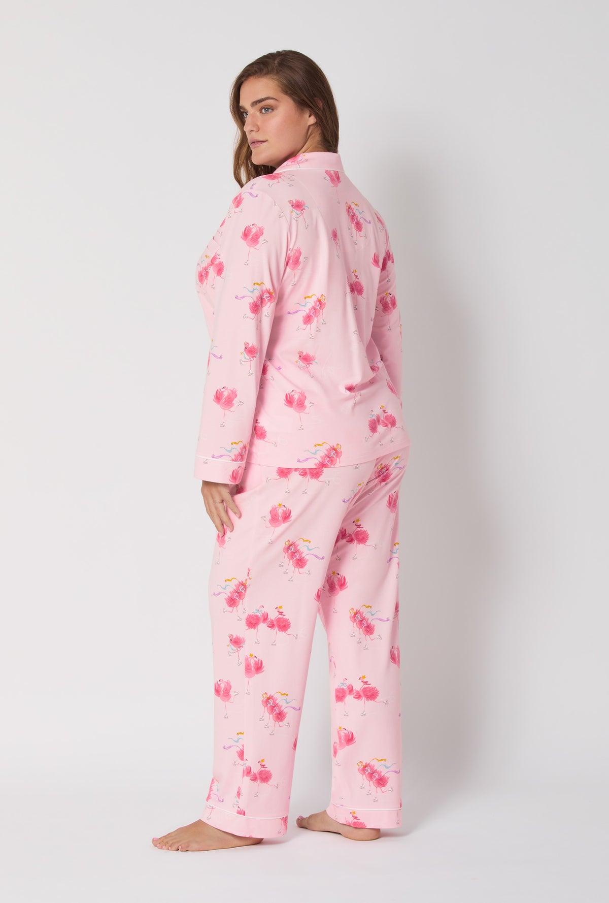 A lady wearing Flamingos On Ice Long Sleeve Classic Stretch Jersey Pj Set