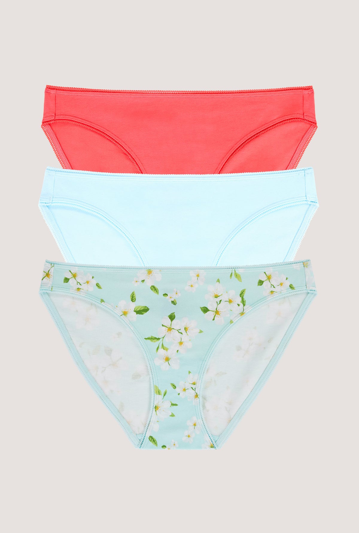A Stretch Jersey Bikini Underwear 3 Pack in Sweet Coral, Bedhead Blue, Magnolia Blossom