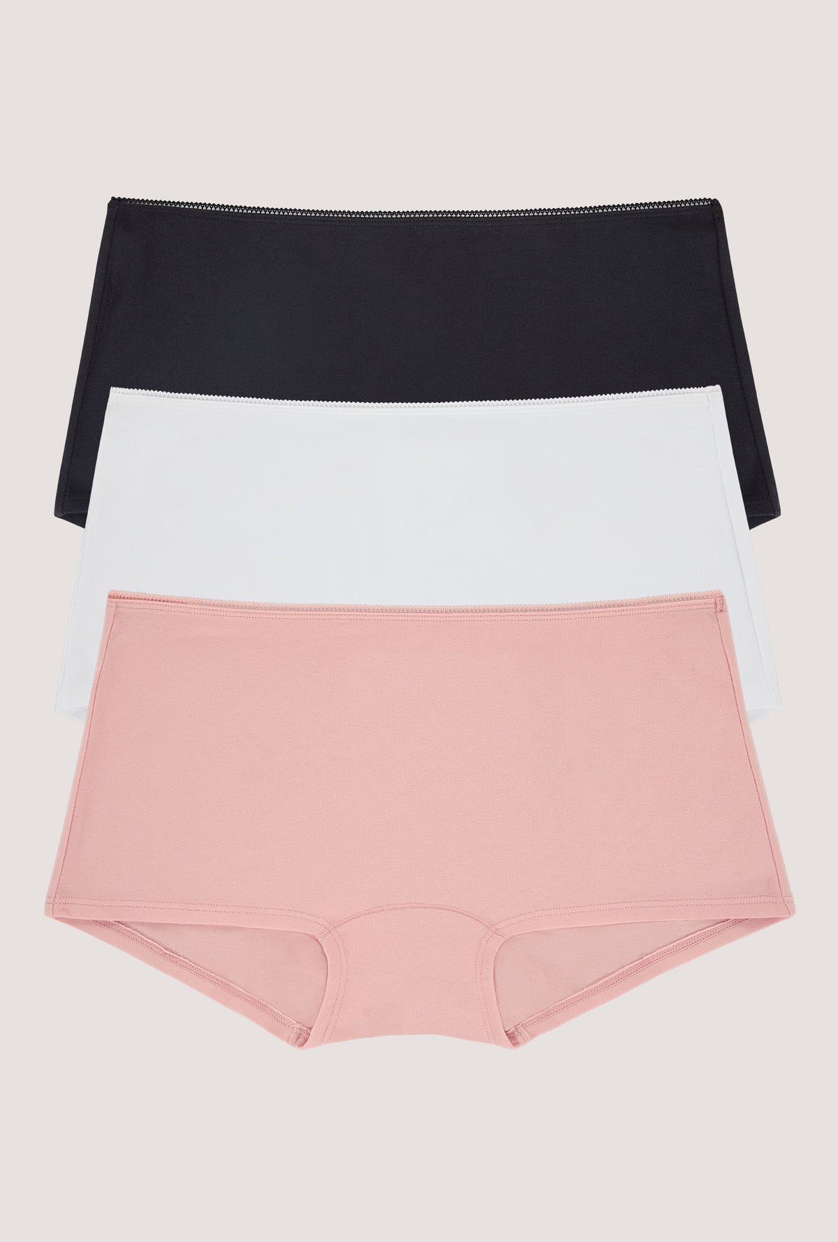 A Stretch Jersey Boyshort Underwear 3 Pack in Black, White, First Blush