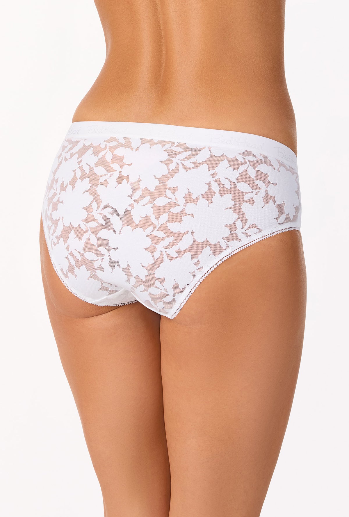 A lady wearing White Stretch Lace Hipster Underwear