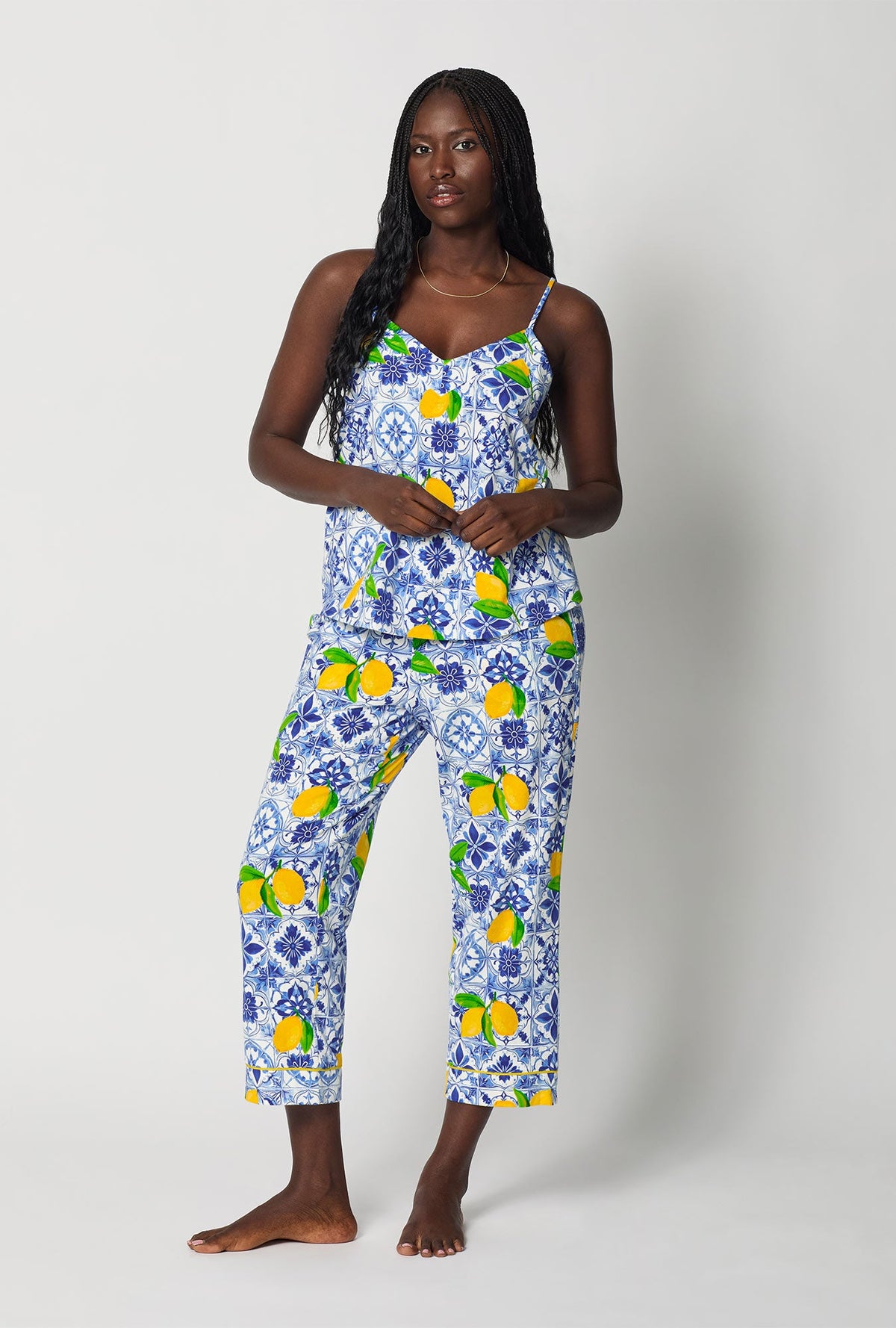 A lady wearing Blue and  White Cami Stretch Jersey Cropped Pj Set front view