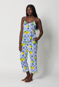 A lady wearing Blue and  White Cami Stretch Jersey Cropped Pj Set side view