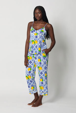 A lady wearing Blue and  White Cami Stretch Jersey Cropped Pj Set side view