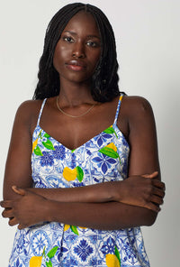 A closeup of A lady wearing Blue and  White Cami Stretch Jersey Cropped Pj Set