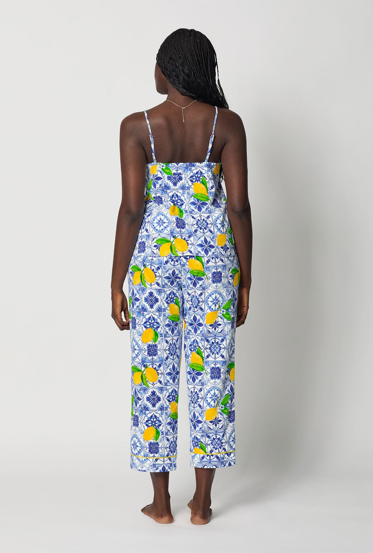 A lady wearing Blue and  White Cami Stretch Jersey Cropped Pj Set back view
