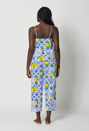 A lady wearing Blue and  White Cami Stretch Jersey Cropped Pj Set back view