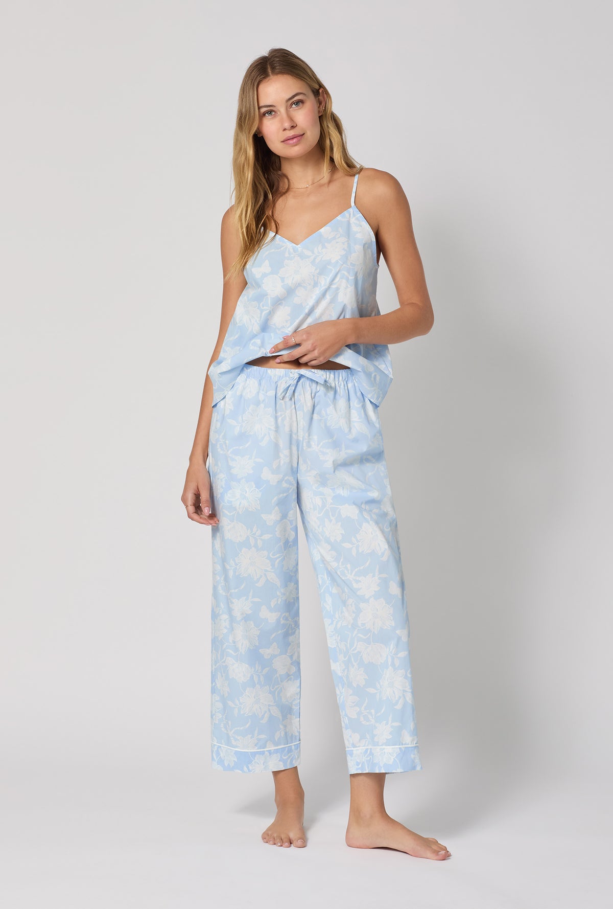 A lady wearing Blissful Bows Cami Woven Supersoft Cotton Poplin Cropped Pj Set