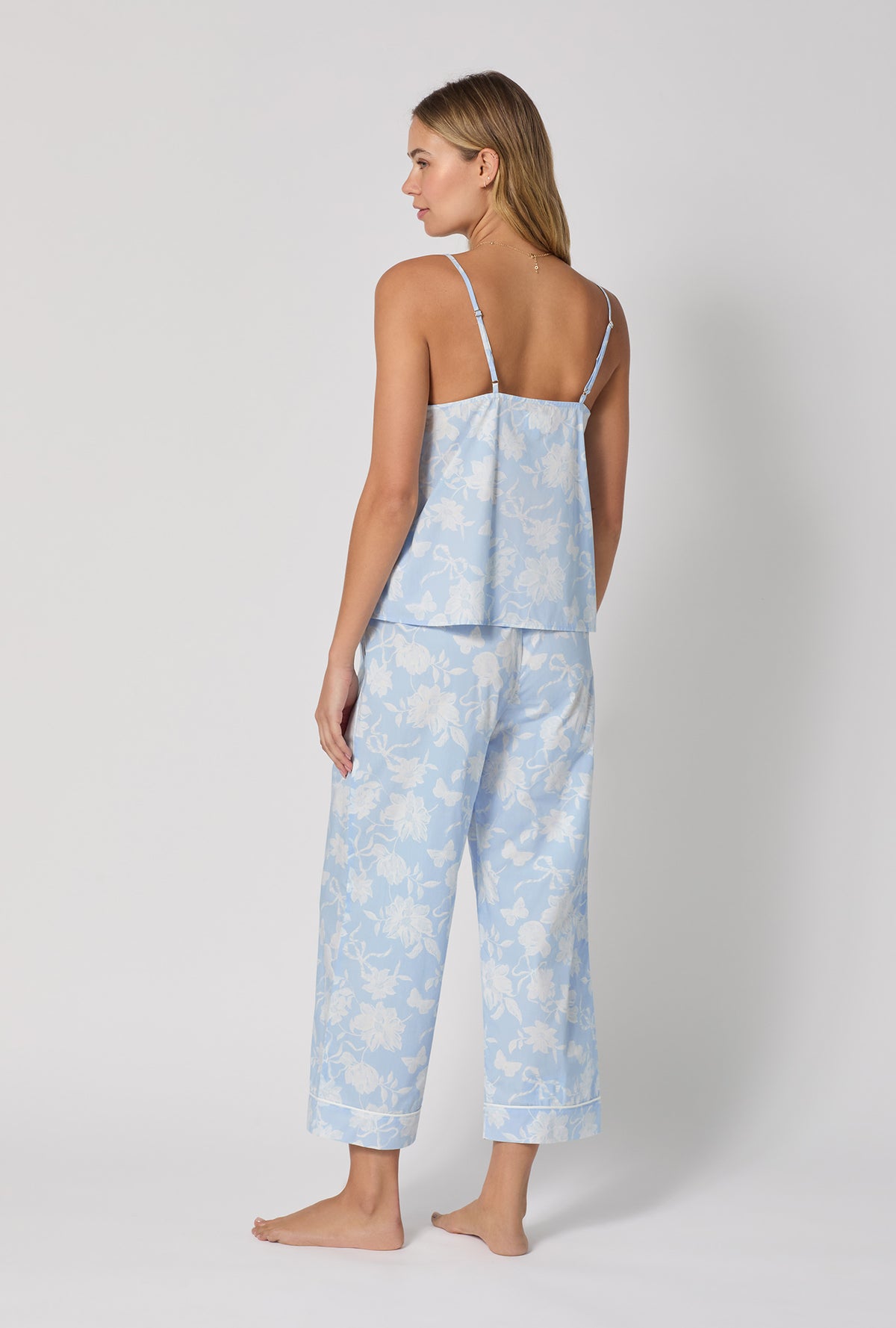 A lady wearing Blissful Bows Cami Woven Supersoft Cotton Poplin Cropped Pj Set