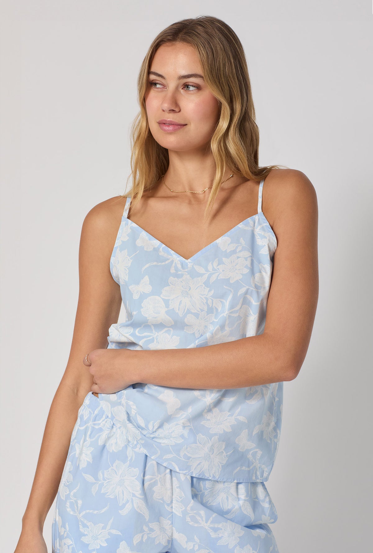 A lady wearing Blissful Bows Cami Woven Supersoft Cotton Poplin Cropped Pj Set