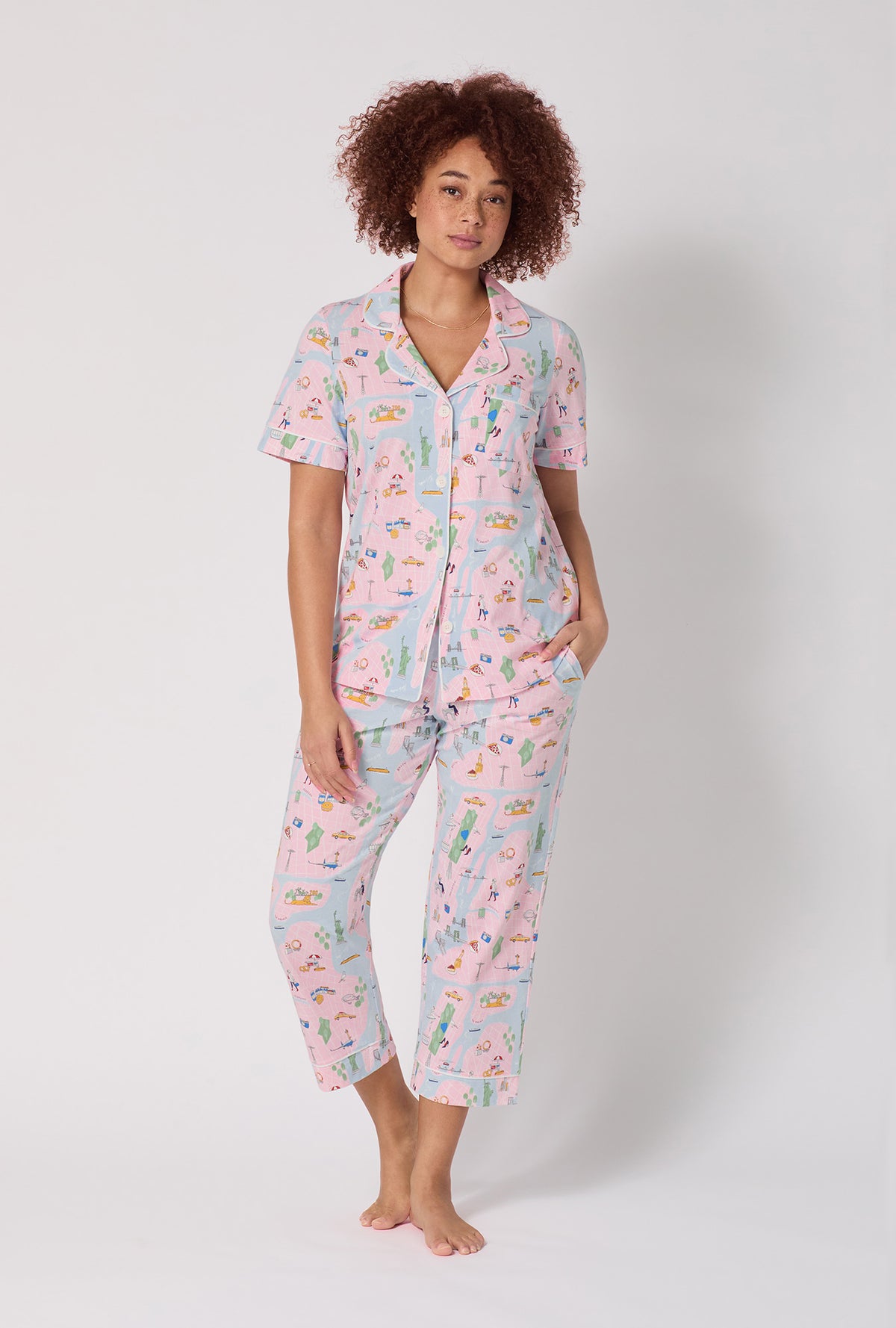 A lady wearing New York, New York Short Sleeve Classic Stretch Jersey Cropped Pj Set