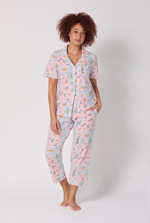 A lady wearing New York, New York Short Sleeve Classic Stretch Jersey Cropped Pj Set
