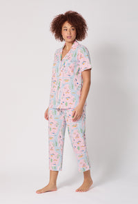 A lady wearing New York, New York Short Sleeve Classic Stretch Jersey Cropped Pj Set