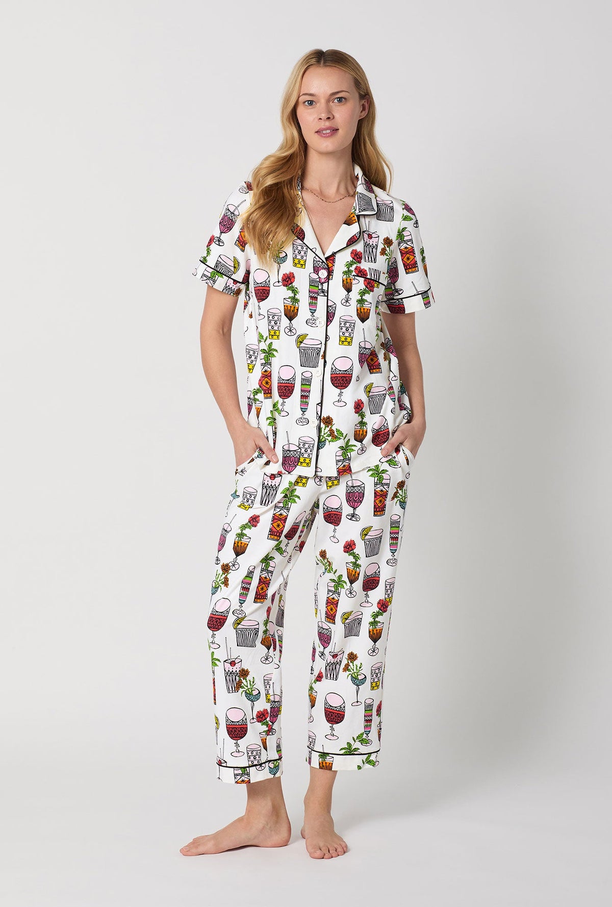 A lady wearing  White Short Sleeve Classic Stretch Jersey Cropped Pj Set front view