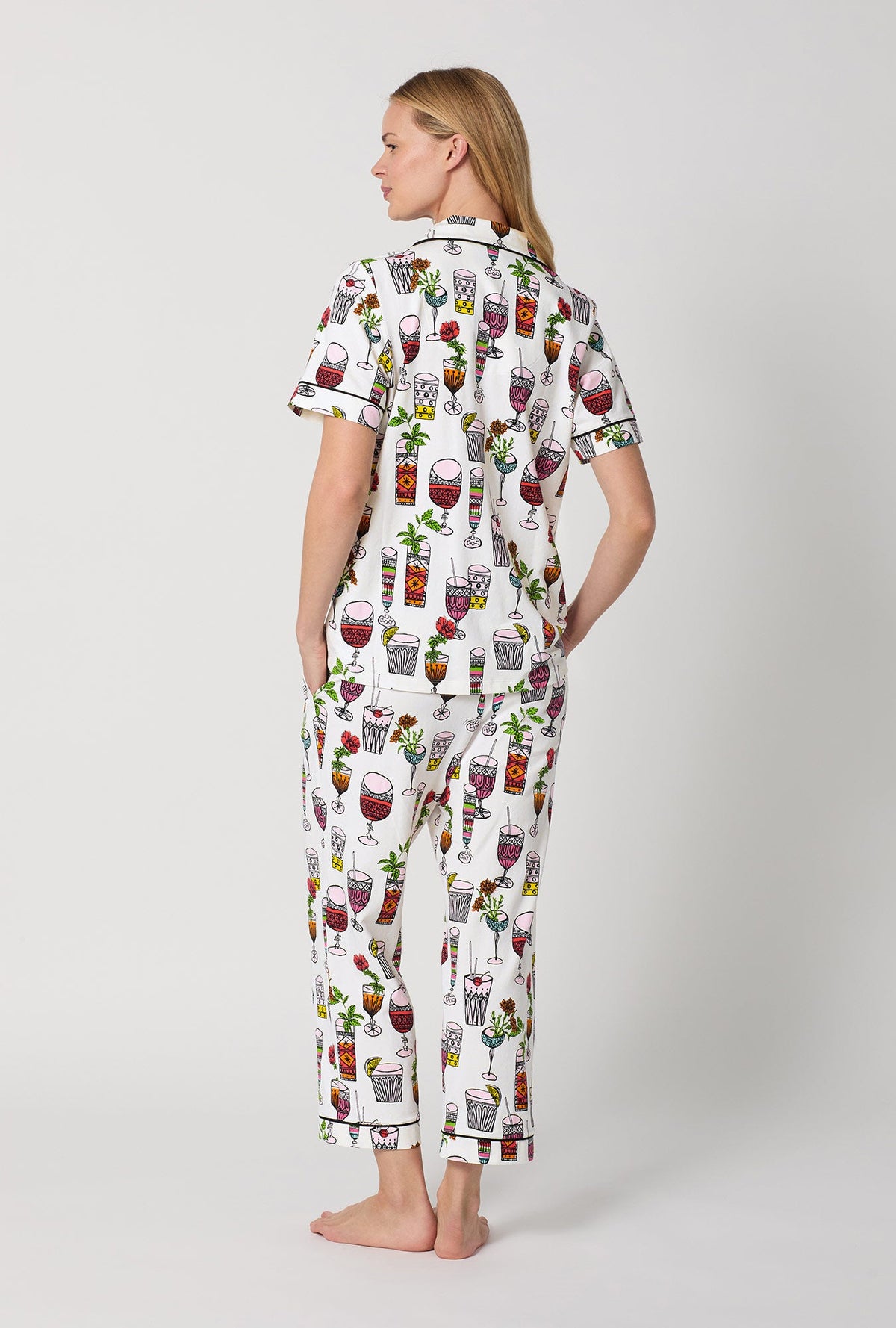 A lady wearing  White Short Sleeve Classic Stretch Jersey Cropped Pj Set back view