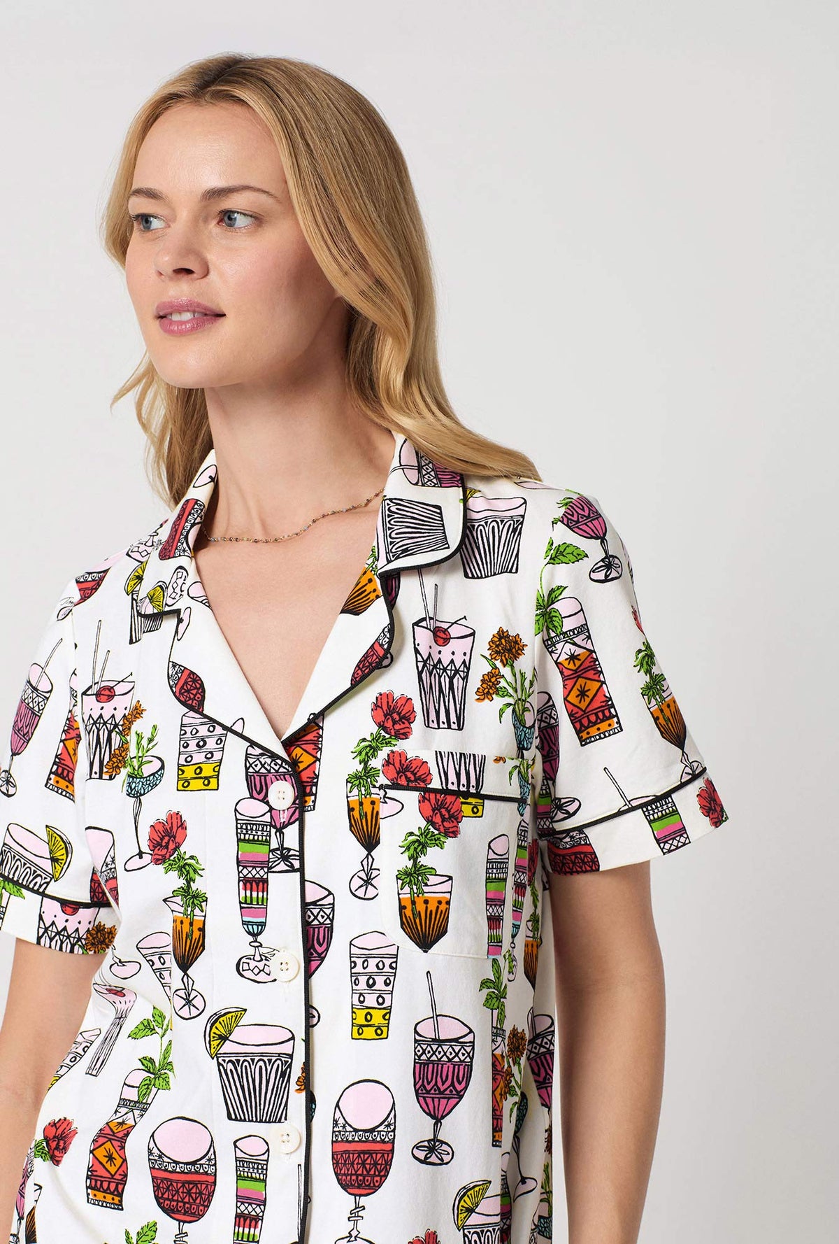 A closeup of A lady wearing  White Short Sleeve Classic Stretch Jersey Cropped Pj Set