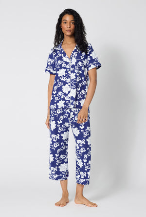 A Lady Wearing Dynasty Blue Short Sleeve Classic Stretch Jersey Cropped Pj Set