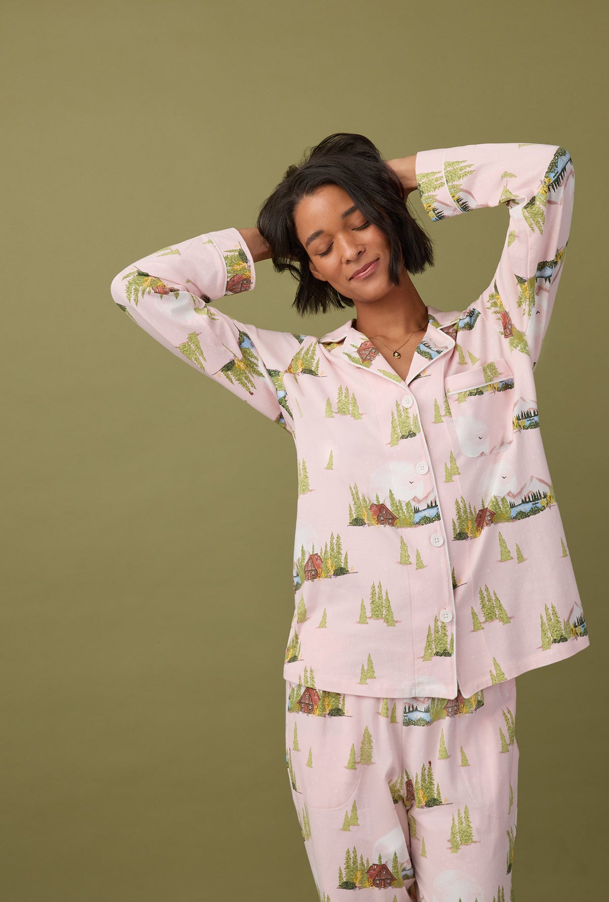 A lady wearing Long Sleeve Classic Stretch Jersey PJ Set with Pine Lake print