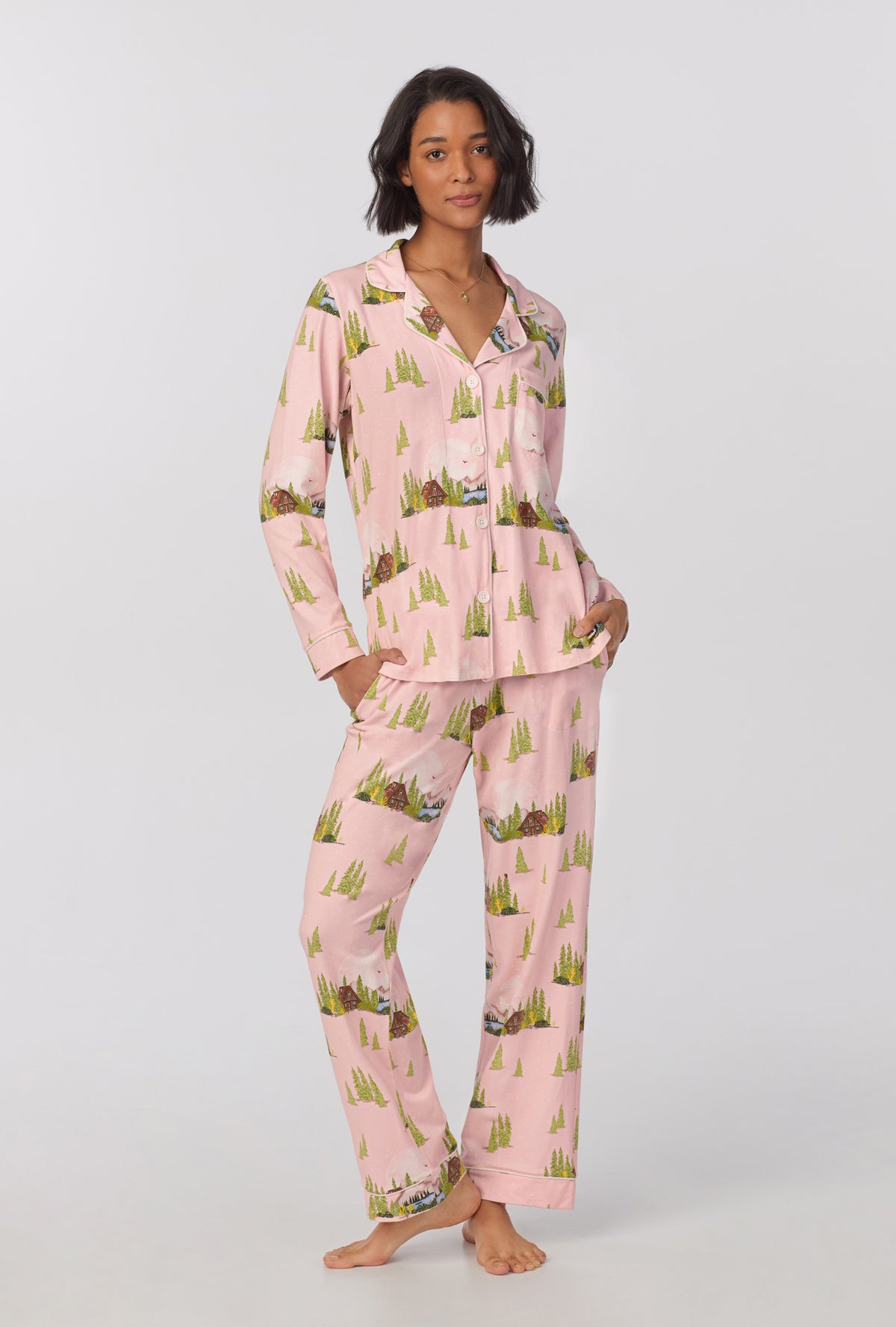 A lady wearing Long Sleeve Classic Stretch Jersey PJ Set with Pine Lake print