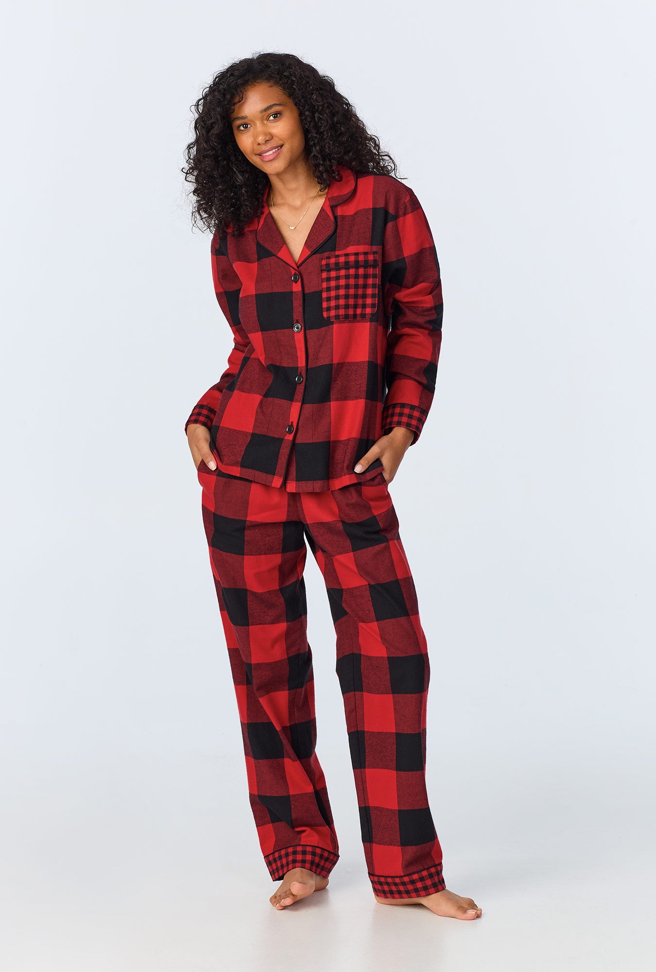 A lady wearing Buffalo Check Long Sleeve Classic  Woven Portuguese Flannel PJ Set