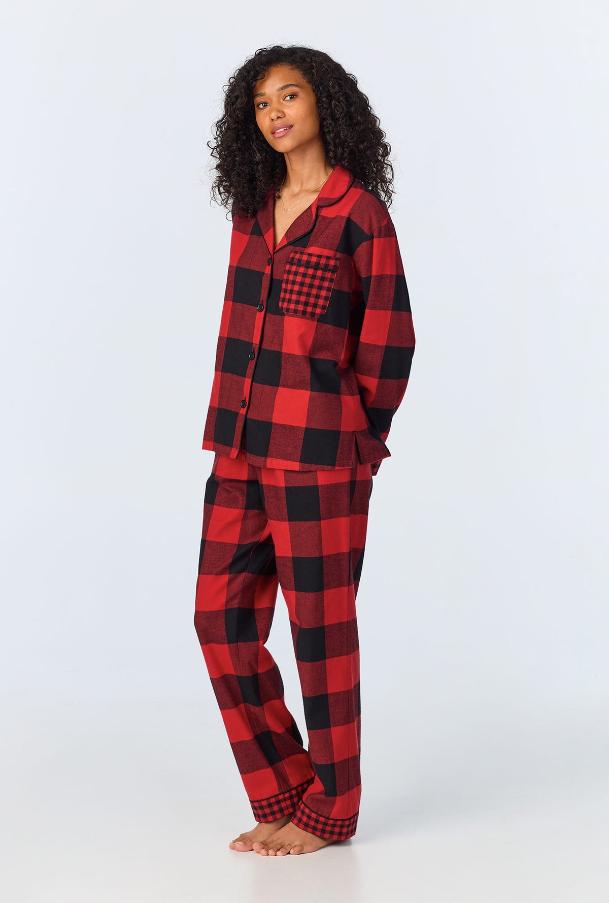 A lady wearing Buffalo Check Long Sleeve Classic  Woven Portuguese Flannel PJ Set