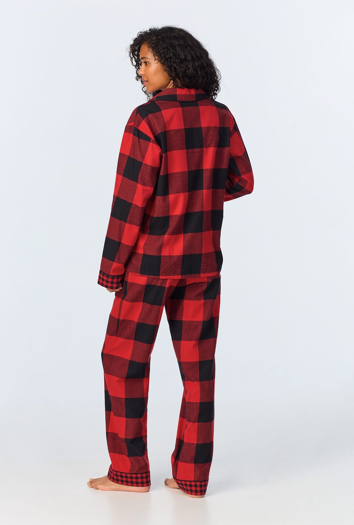 A lady wearing Buffalo Check Long Sleeve Classic  Woven Portuguese Flannel PJ Set