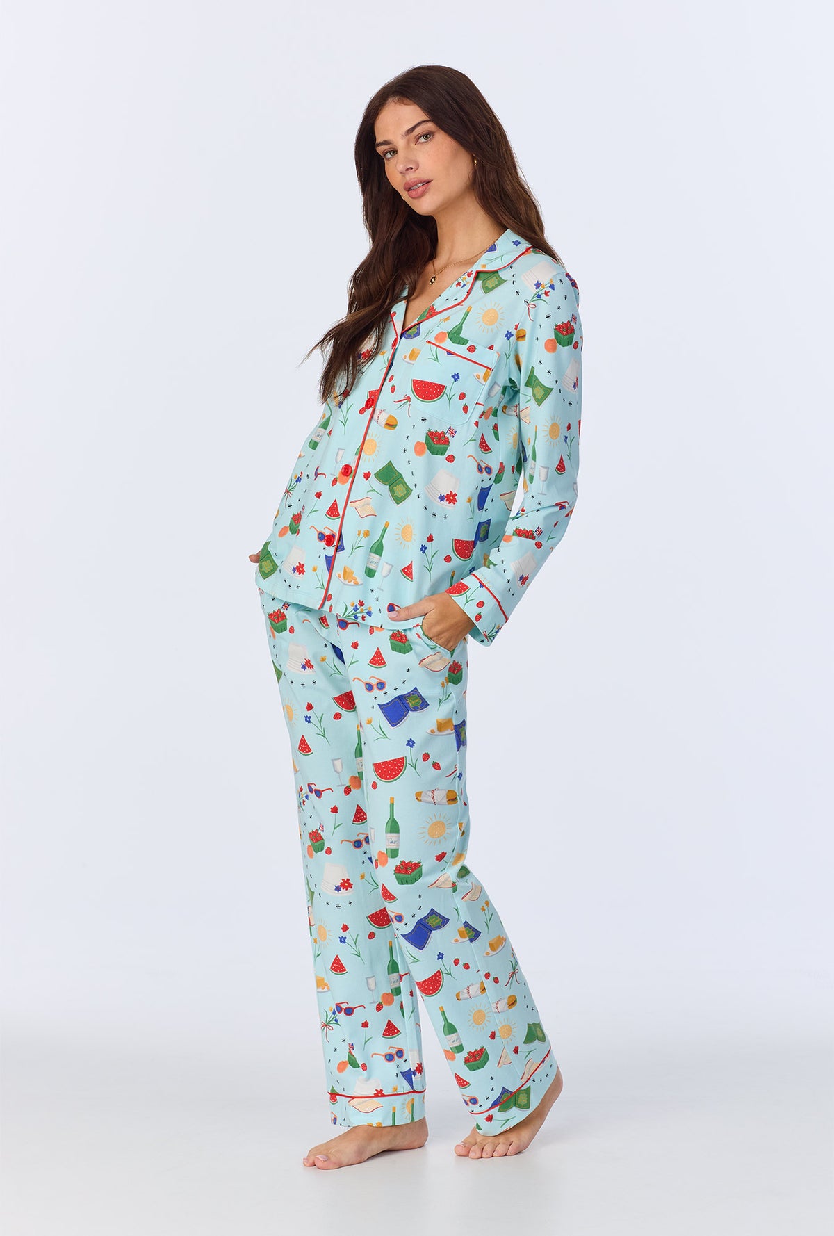 A lady wearing Garden Grazing Long Sleeve Classic Stretch Jersey PJ set