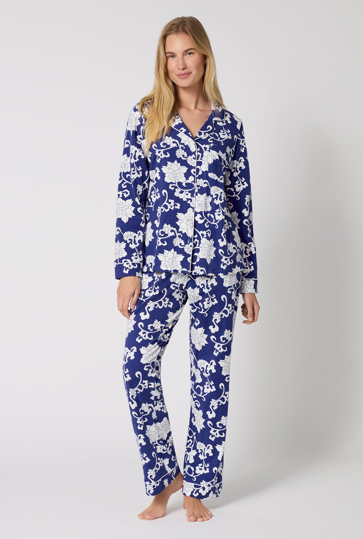 A Lady Wearing Dynasty Blue Long Sleeve Classic Stretch Jersey Pj Set