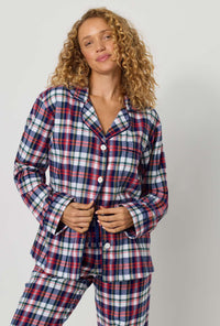 A lady wearing Heritage Plaid Long Sleeve Classic Woven Portuguese Flannel Pj Set closer look