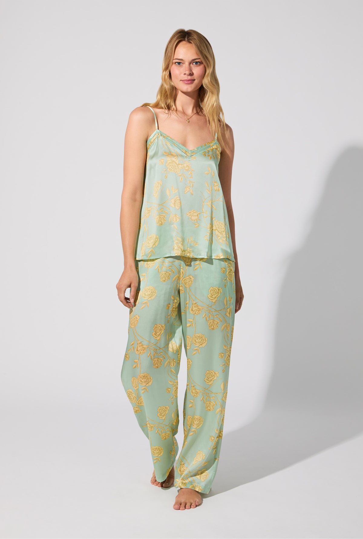 A lady wearing Royal Roses Cami Top Woven Washable Silk Satin Long PJ Set