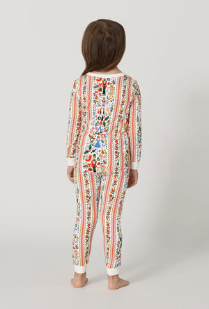 A Girl wearing Rifle Paper Co. x BedHead PJs Holly Jolly Nutcracker Long Sleeve Stretch Jersey Kids Pj Set back view