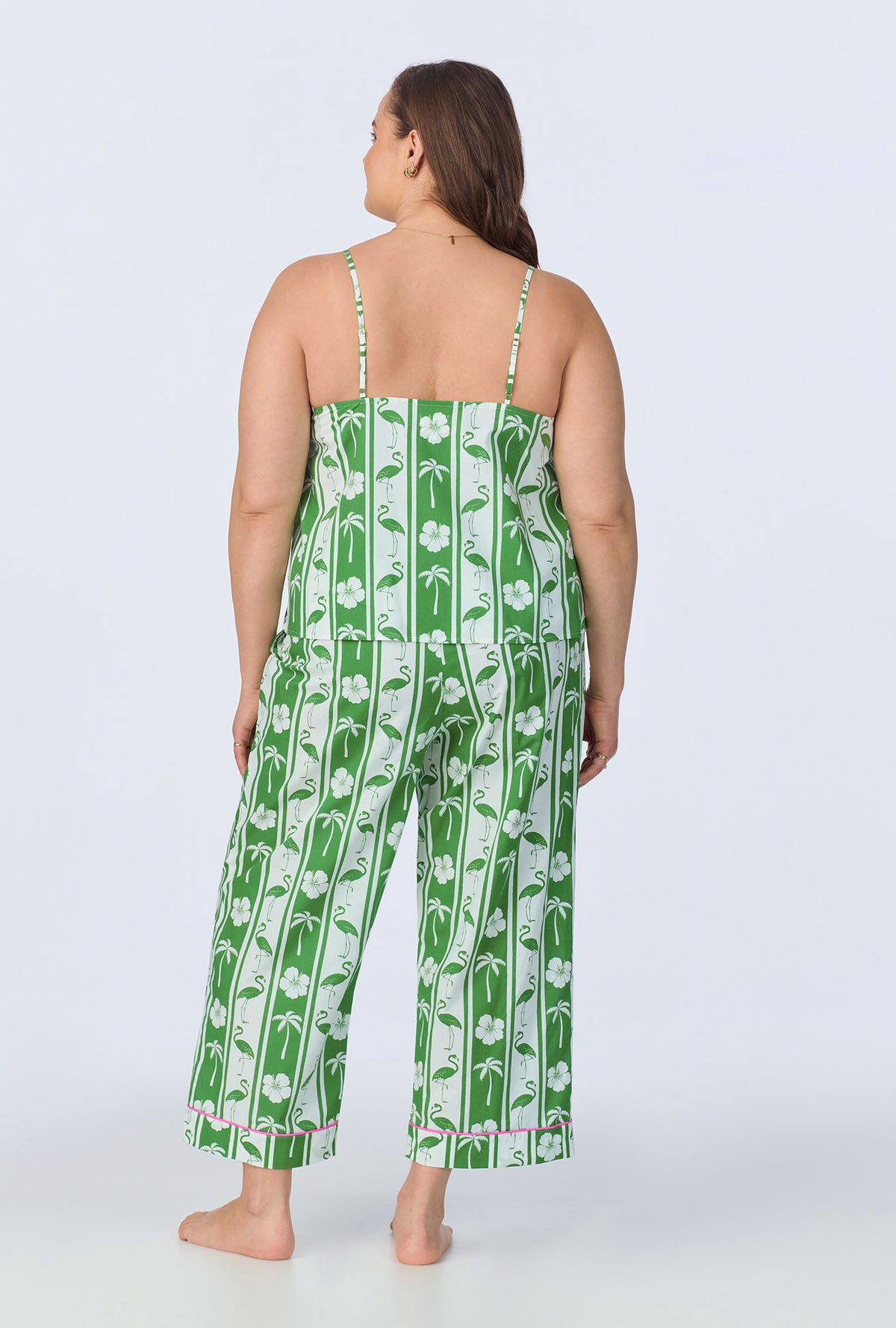 A lady wearing Aloha Stripe Cami Woven Cotton Poplin Cropped PJ Set
