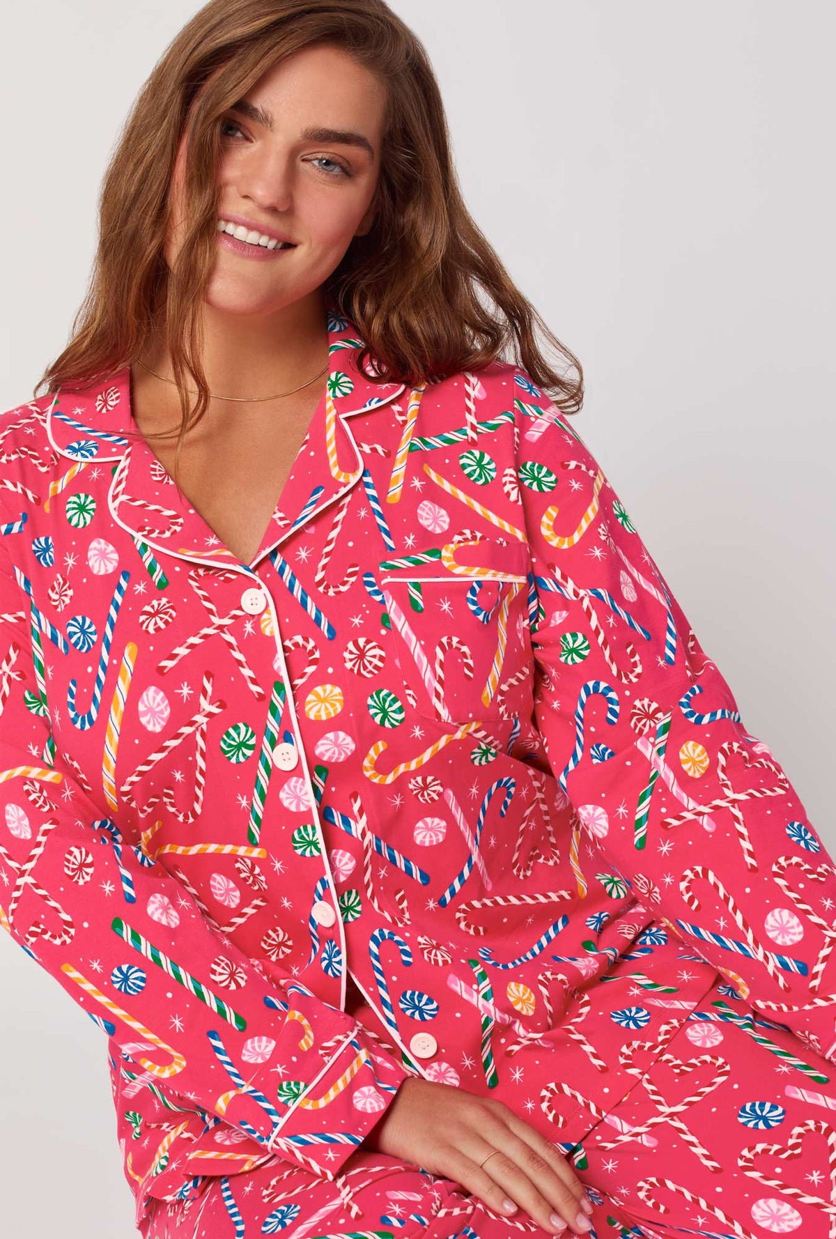A lady wearing Peppermint Twist Long Sleeve Classic Stretch Jersey Pj Set