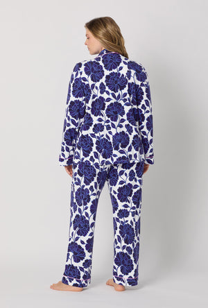 A lady wearing plus size Blue and  White Long Sleeve Classic Stretch Jersey Pj Set back view