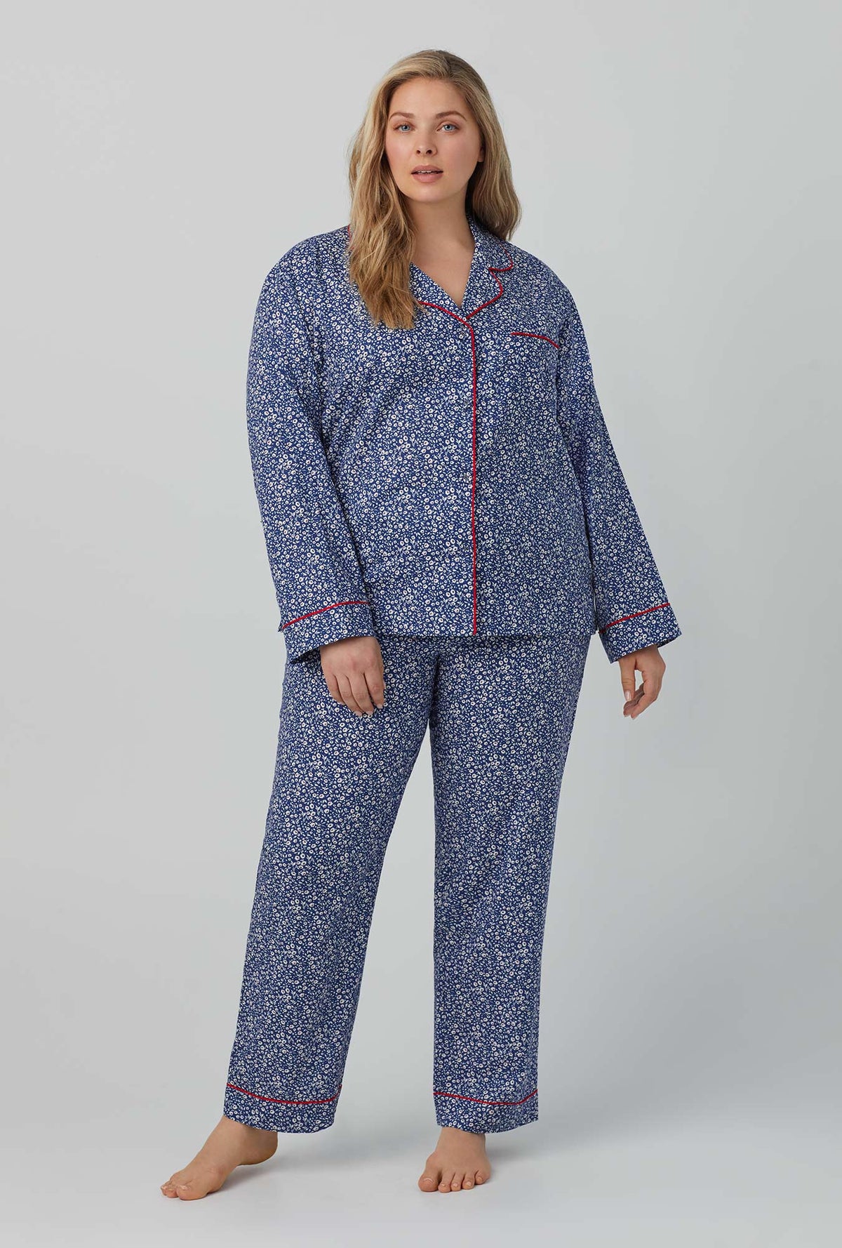 A lady wearing long sleeve classic cotton poplin pj set with sprout print