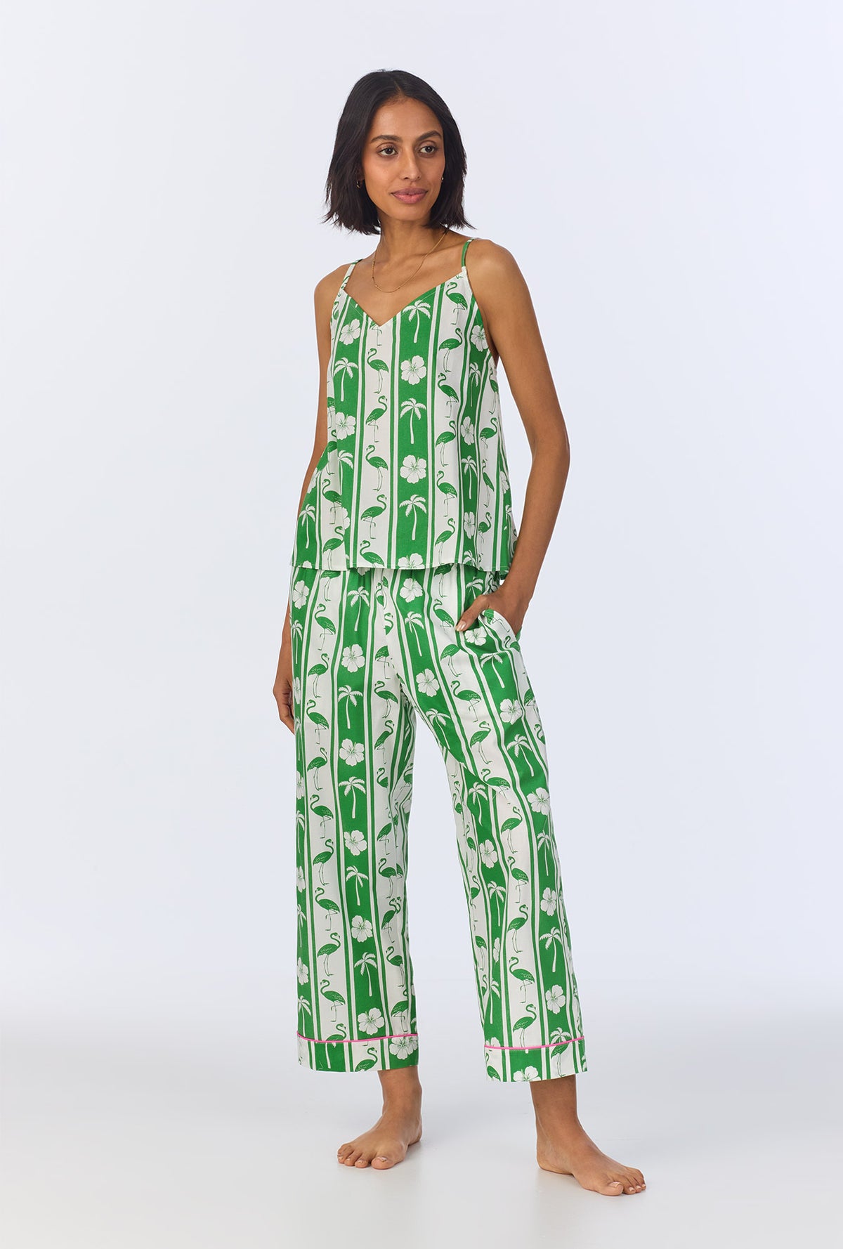 A lady wearing Aloha Stripe Cami Woven Cotton Poplin Cropped PJ Set