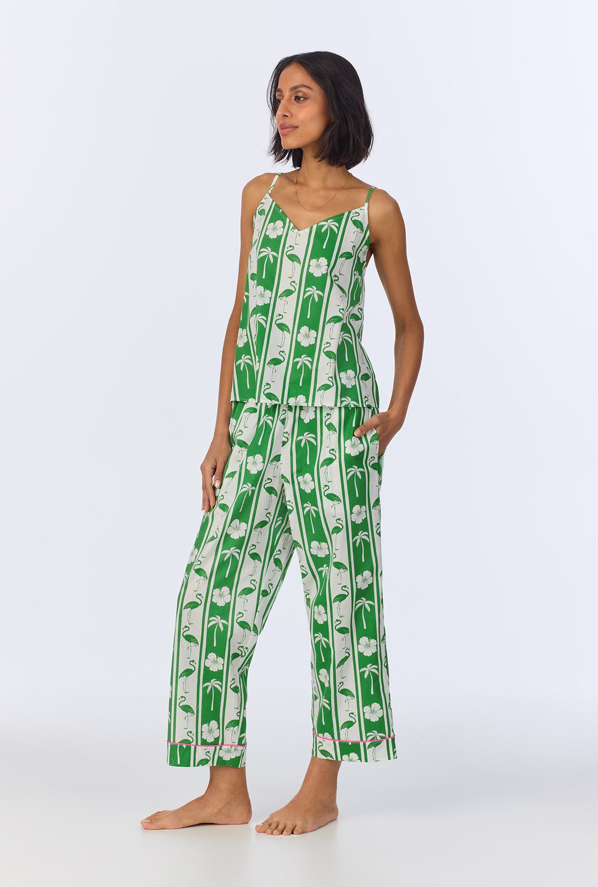 A lady wearing Aloha Stripe Cami Woven Cotton Poplin Cropped PJ Set